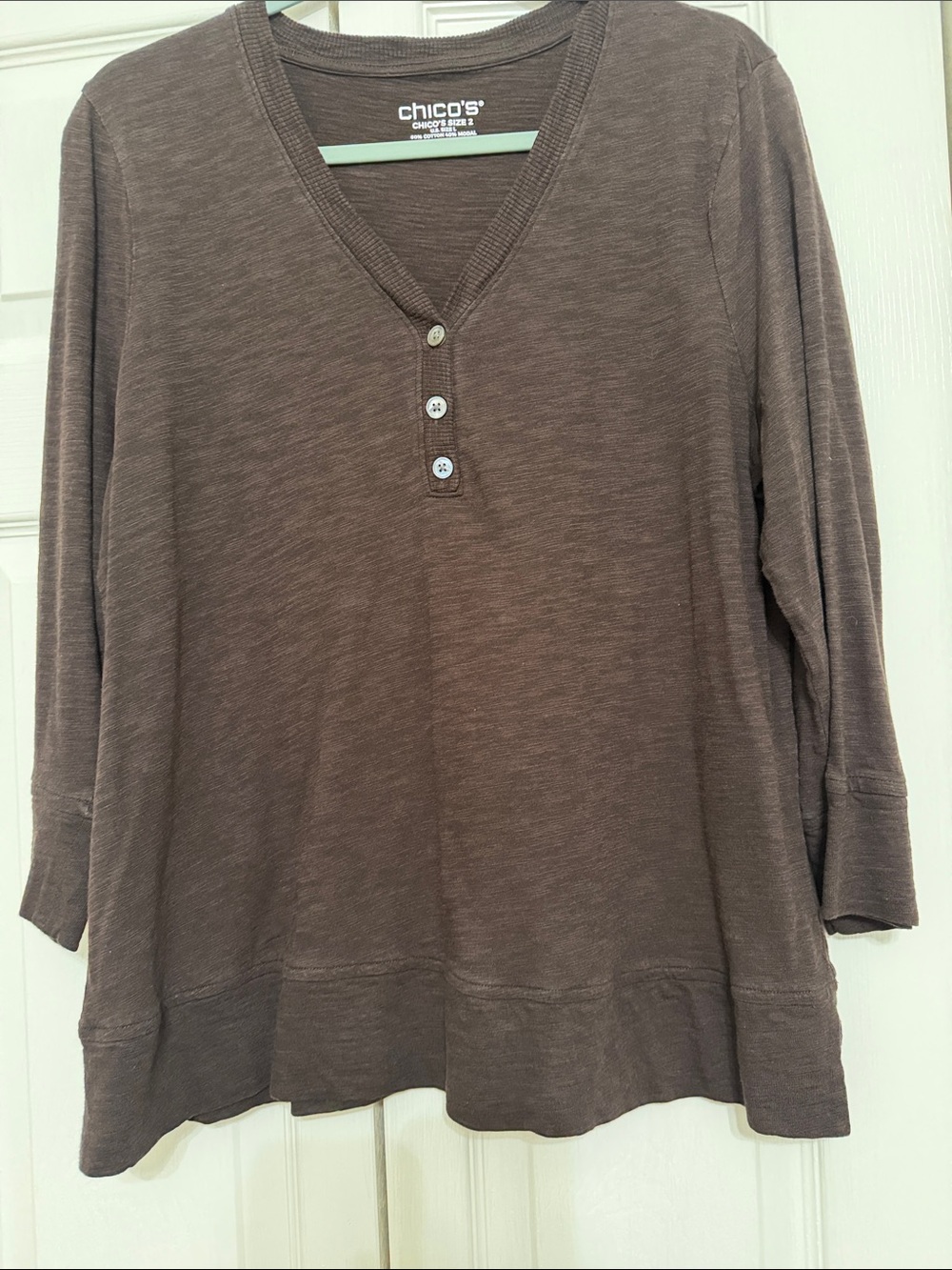 Chico's Brown V-Neck Henley 3-Button Long Sleeve Top